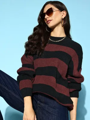 Berrylush Women Black & Rust Red Striped Pattern Round Neck Polyester Ribbed Hem Regular Pullover