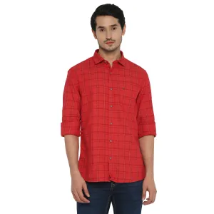 Cotton Red Checkered Slim Fit Casual Shirt