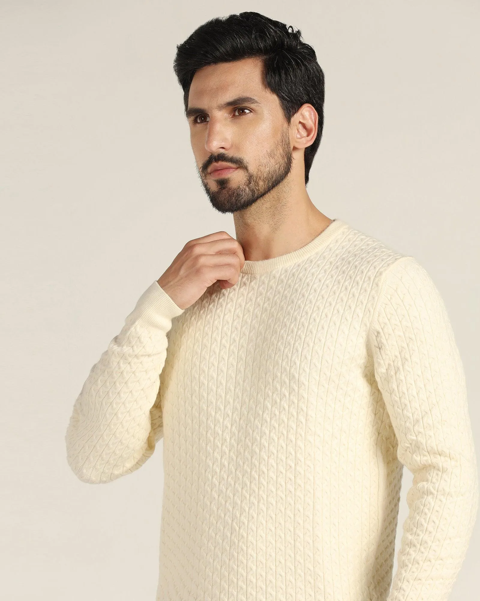 Crew Neck Off White Textured Sweater - Jiggle