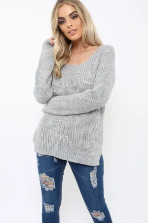 Grey Chunky Knit Pearl Jumper - Terri