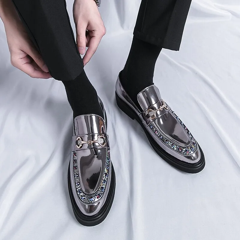 Men's Metallic Pewter Mirror Multicolor Jewel Spiked Loafers