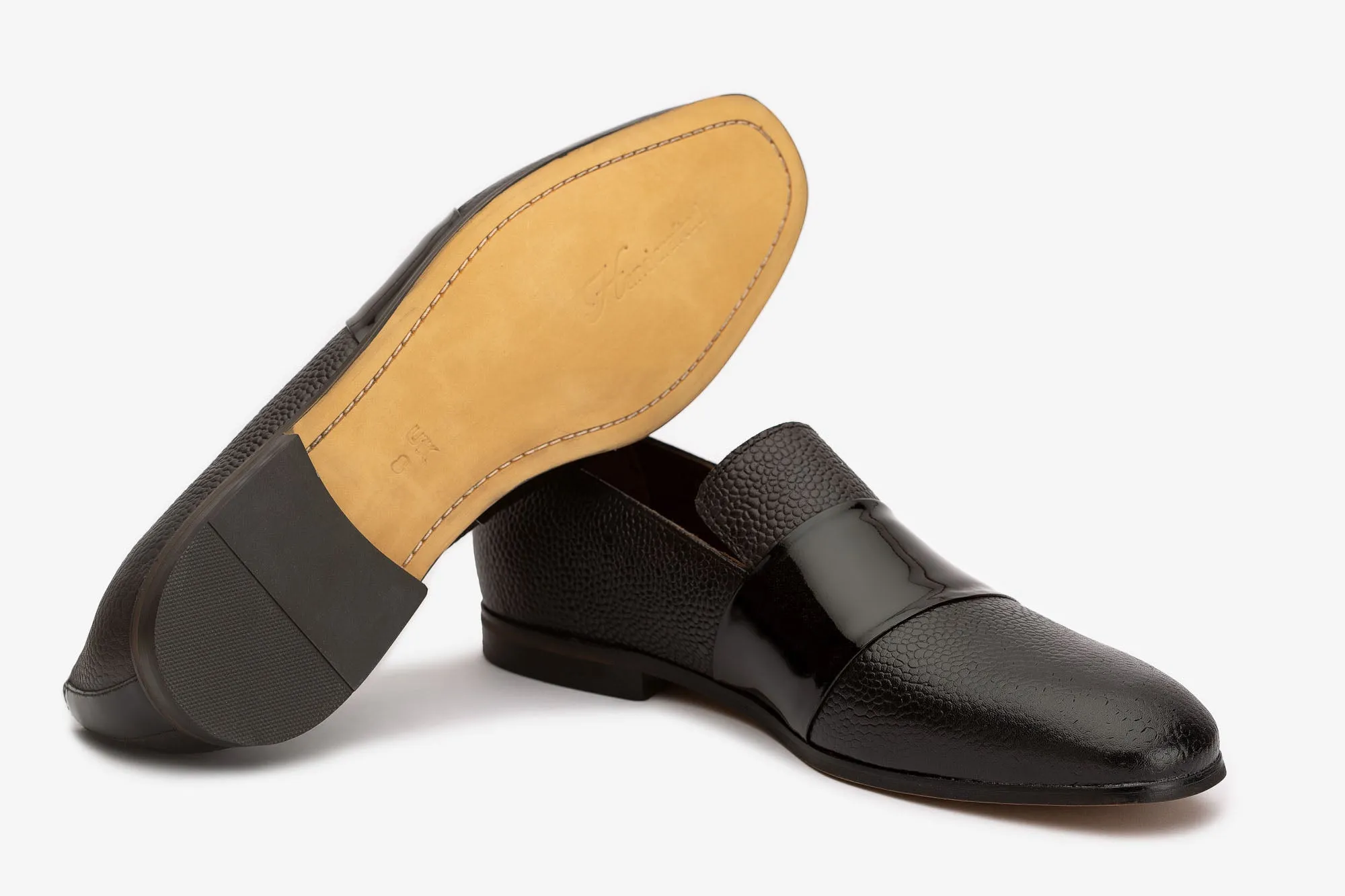 Pebble Grain Loafer With Patent Full Saddle