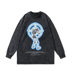 Skeleton Target Acid Washed Long Sleeve T-Shirt