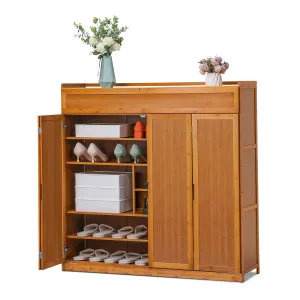 versatile Bamboo 7 Tiers 43 Pairs Shoes Cabinet with Door, Storage Shelf, Brown, for Entryway