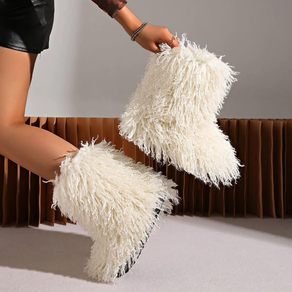 Warm Mid-Calf Lamb Wool Lined Cozy Winter Outdoor Fleece Snow Shoes