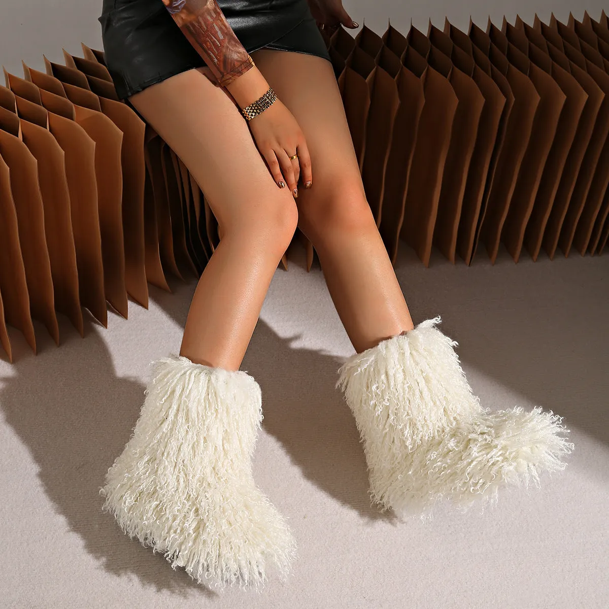 Warm Mid-Calf Lamb Wool Lined Cozy Winter Outdoor Fleece Snow Shoes