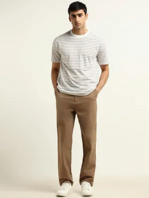 WES Casuals Brown Cotton Blend Relaxed Fit Chinos