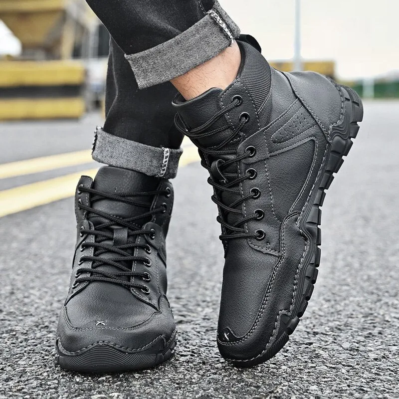 Winter Warm Boots Men's Leather Waterproof Ankle Boots Fashion Warm Fur Men's Snow Boots Outdoor Non-slip Men's Motorcycle Boots