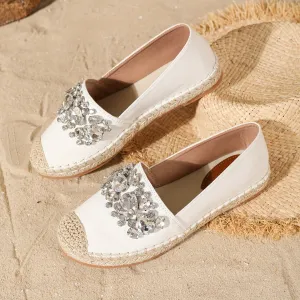 Womens Sparkling Rhinestone Denim Espadrilles - Comfortable Slip-on Loafers for Beach Vacations - Stylish Casual Fisherman Shoes, Resort Chic Style